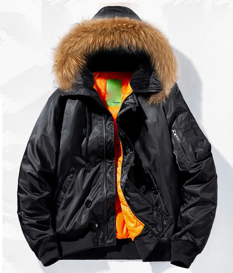 Male Winter Bomber Coat Heavy Jackets Hooded Padded Streetwear Fur Collar