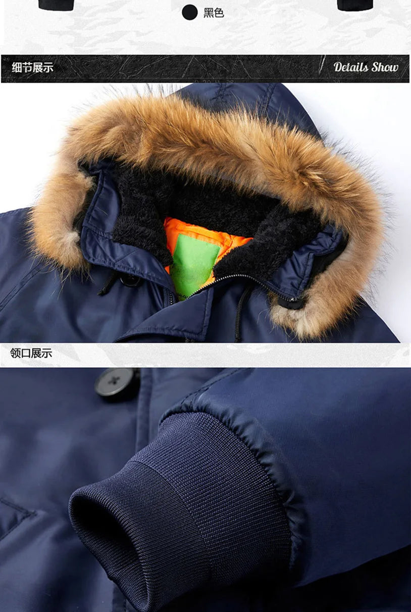 Male Winter Bomber Coat Heavy Jackets Hooded Padded Streetwear Fur Collar