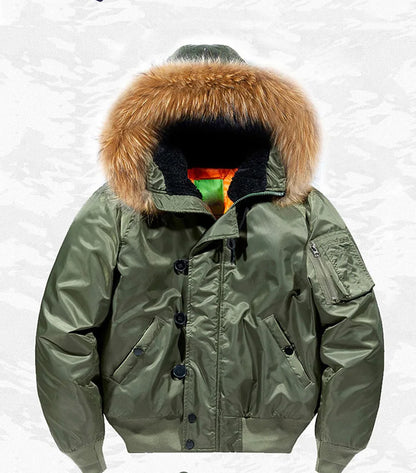 Male Winter Bomber Coat Heavy Jackets Hooded Padded Streetwear Fur Collar