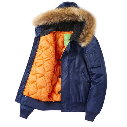 Male Winter Bomber Coat Heavy Jackets Hooded Padded Streetwear Fur Collar