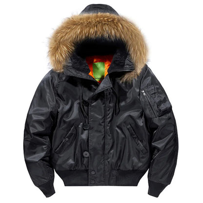 Male Winter Bomber Coat Heavy Jackets Hooded Padded Streetwear Fur Collar