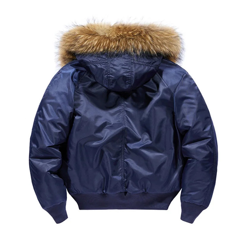 Male Winter Bomber Coat Heavy Jackets Hooded Padded Streetwear Fur Collar