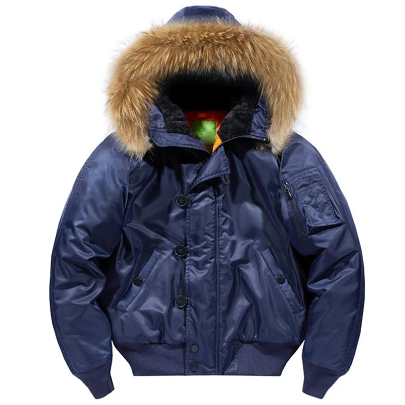 Male Winter Bomber Coat Heavy Jackets Hooded Padded Streetwear Fur Collar