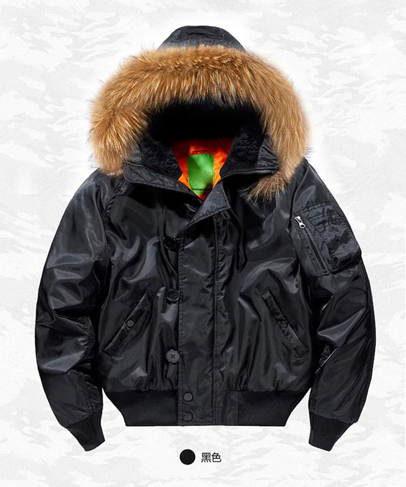 Male Winter Bomber Coat Heavy Jackets Hooded Padded Streetwear Fur Collar