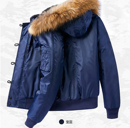 Male Winter Bomber Coat Heavy Jackets Hooded Padded Streetwear Fur Collar