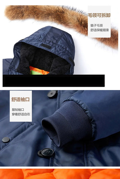 Male Winter Bomber Coat Heavy Jackets Hooded Padded Streetwear Fur Collar