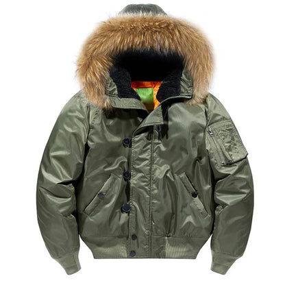 Male Winter Bomber Coat Heavy Jackets Hooded Padded Streetwear Fur Collar