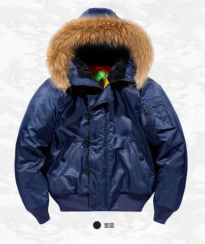 Male Winter Bomber Coat Heavy Jackets Hooded Padded Streetwear Fur Collar