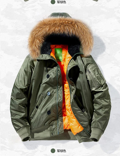 Male Winter Bomber Coat Heavy Jackets Hooded Padded Streetwear Fur Collar