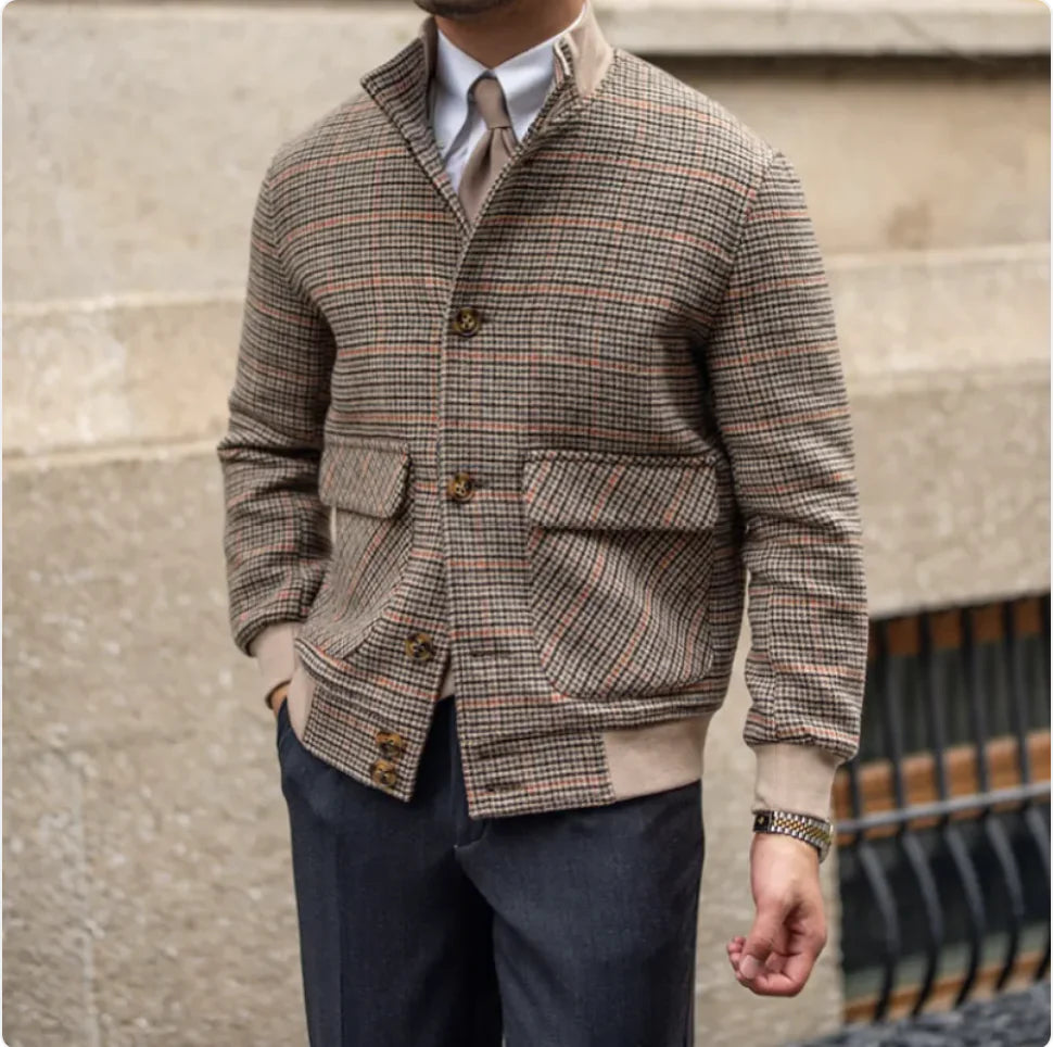 Cropped Slim-Fit Tweed Bomber Jacket with Fleece and Stand Collar