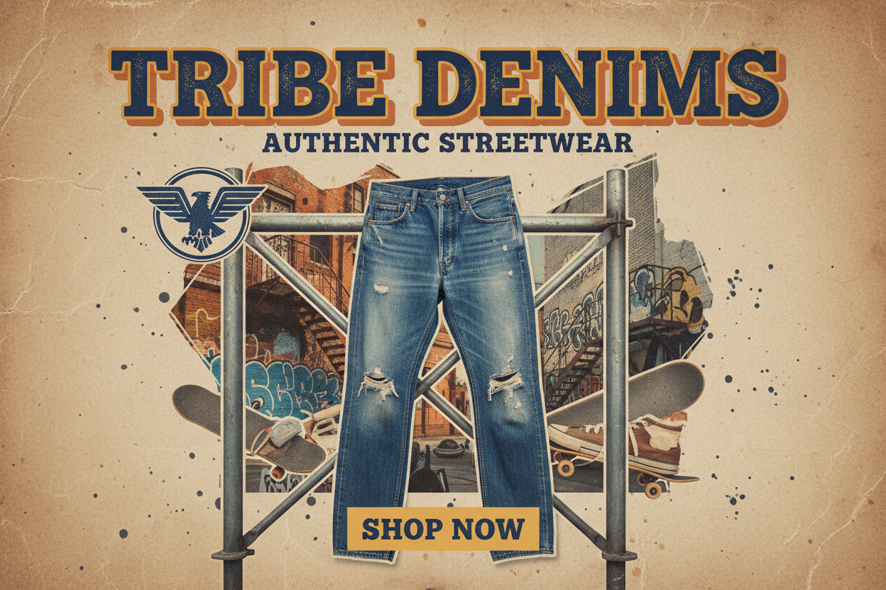 Create a vintage street fashion Blue Jeans Banner with the tittle "Tribe Denims"