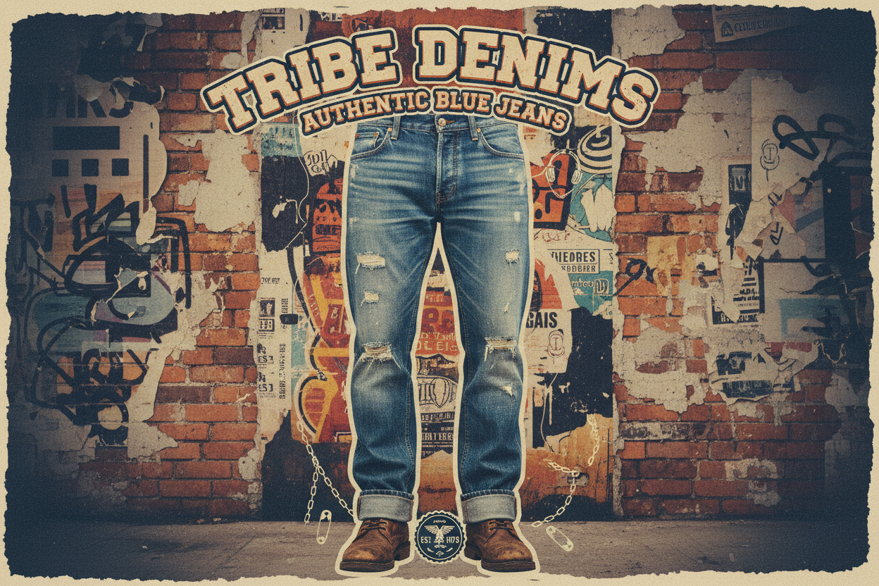 create a vintage street fashion blue jeans banner with the tittle"Tribe Denims"