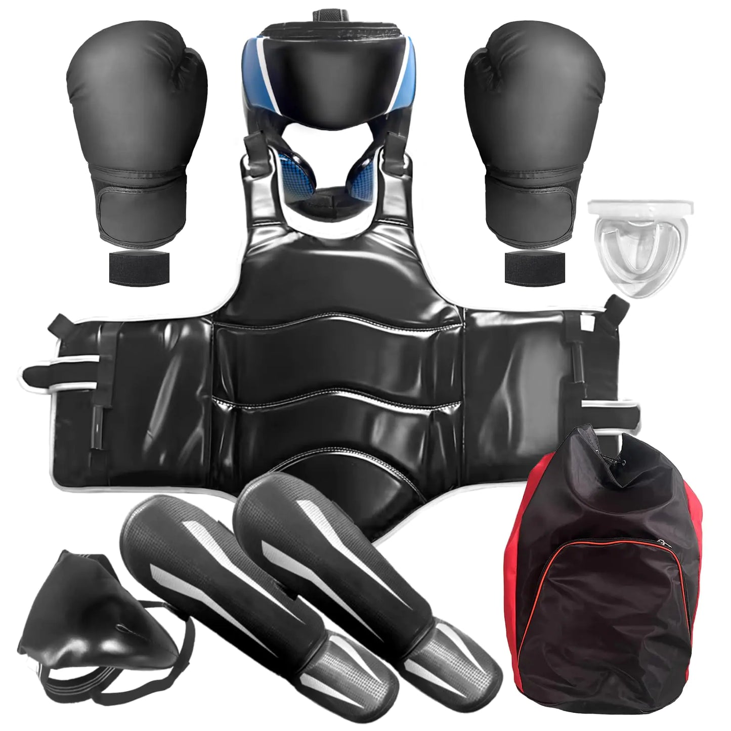 Karate Sparring Gear Set for Kids 8-12 Taekwondo Boxing Gear Set for 59-67 Inches Height Youth Martial Arts Shin Guards/Chest Rib/Headgear/Mouthguards Guards Protective Gear Set