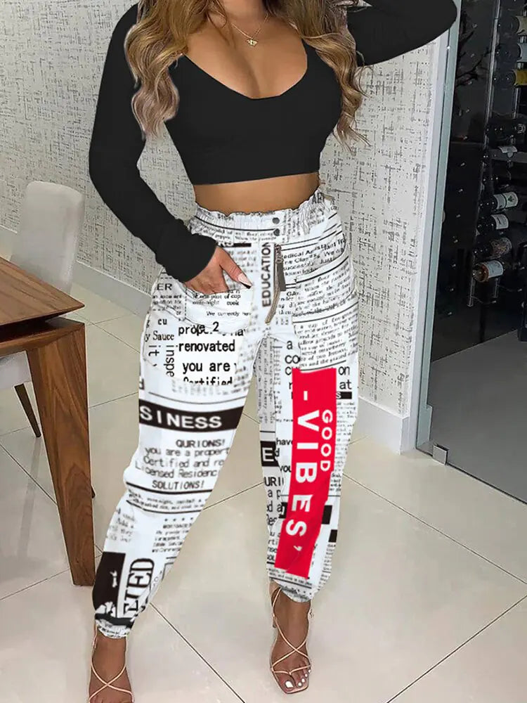 Autumn Newspaper Print Leggings