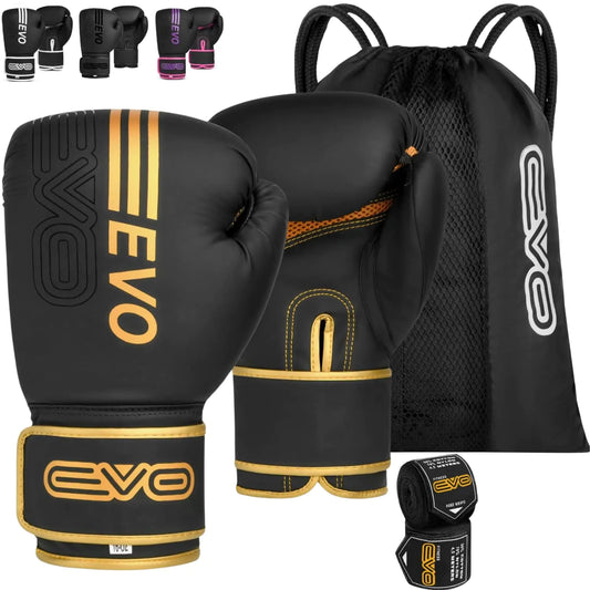 EVO Fitness Matte Black Boxing Gloves MMA Muay Thai Martial Arts Kick Boxing Sparring Training Fighting Men Punch Bag Women Pink Gloves with Hand Wraps (Golden 16 OZ)